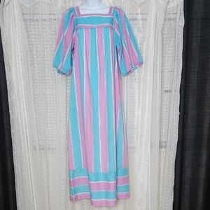 Vintage Striped Blue and Pink Maxi House Dress Muumuu W/ Pockets SzM